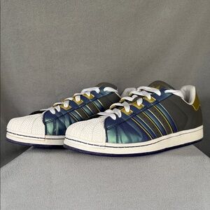 Adidas Superstar Shoes in Purple, White, and Gold